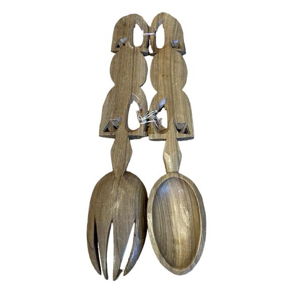 Vintage MCM Hand Carved Wood Serving Set Spoon Fork Brown Elephant - Picture 2 of 4